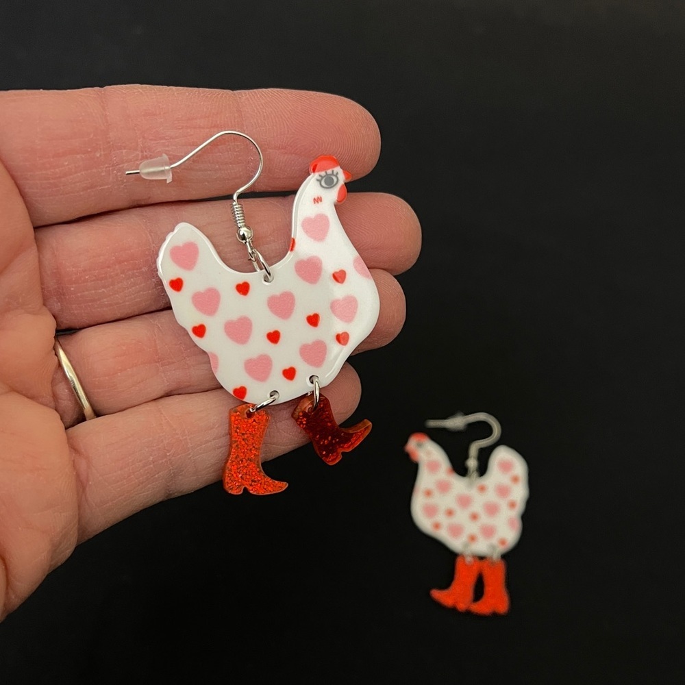 Valentine Heart Rain Boot Wearing Hen Dangle Earrings